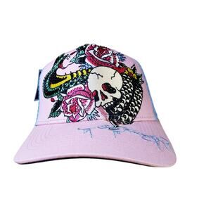 Ed Hardy Women's‎ Women's Rhinestone Skull Trucker Hat Pastel Pink Blue Mesh Y2K